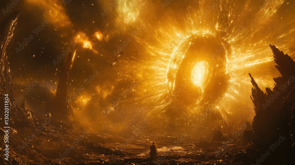Poster a surreal, glowing light burst with swirling particles and dynamic motion effects in a sci-fi settin