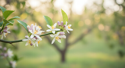 Beautiful delicate white citrus blossoms blooming in a vibrant green on transparent background tree