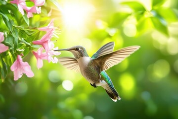 Fototapeta premium Hummingbird in flight feeding on pink flowers in sunlight.