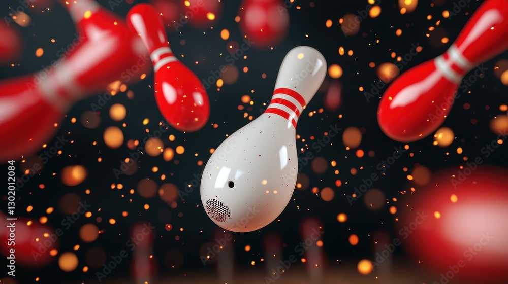 Poster dynamic bowling pin in motion with colorful confetti and bokeh background for sports and fun themes