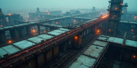 Fototapeta premium A sprawling industrial complex at twilight, exhibiting a network of elevated walkways and structures, illuminated by scattered lights, creating a mysterious and atmospheric scene.