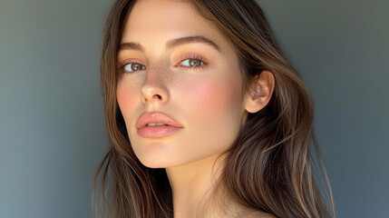 Naklejka premium A beautiful model with long brown hair, generative AI