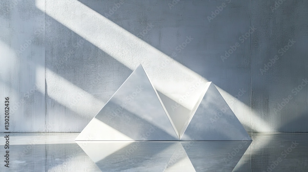 Poster abstract white geometry with a minimalist design, triangles casting soft shadows on a gray reflectiv