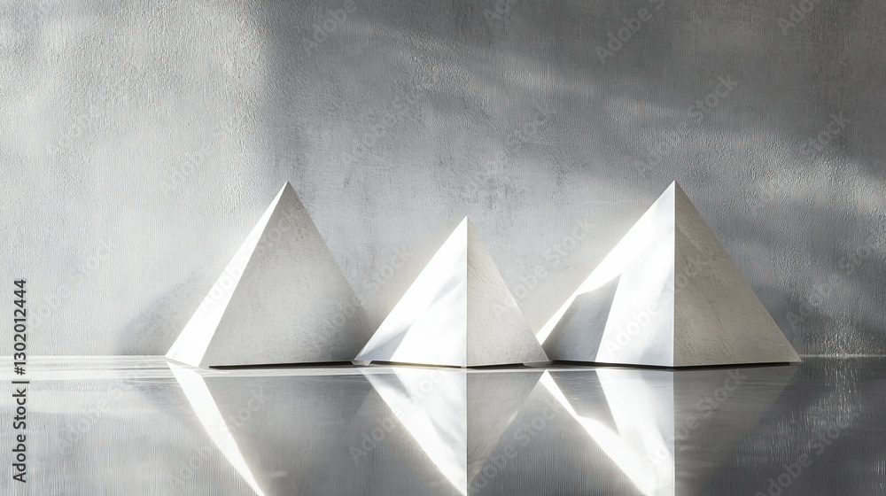 Poster abstract white geometry with a minimalist design, triangles casting soft shadows on a gray reflectiv