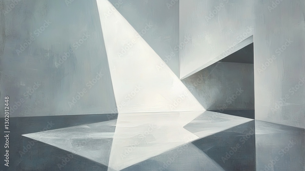 Poster abstract white geometry with a minimalist design, triangles casting soft shadows on a gray reflectiv