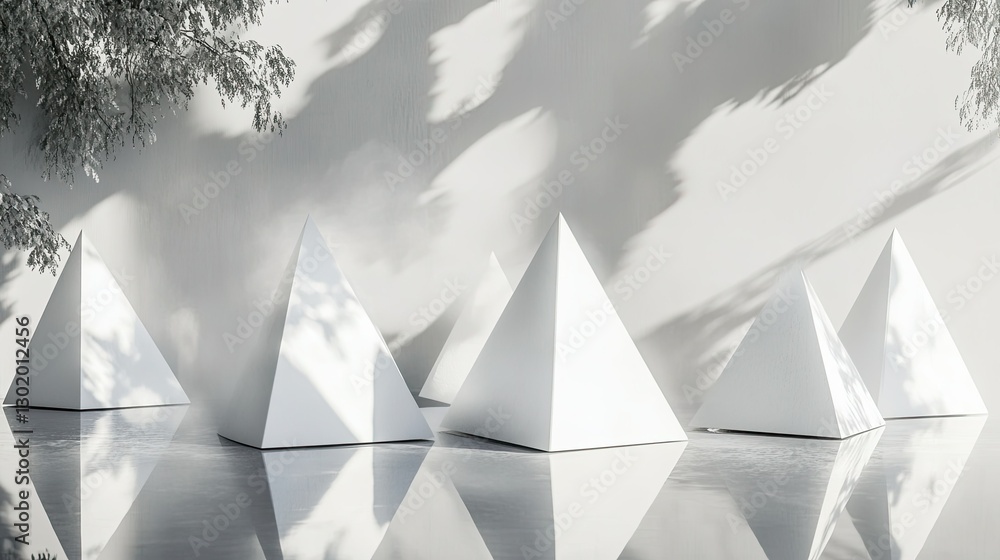 Poster abstract white geometry with a minimalist design, triangles casting soft shadows on a gray reflectiv