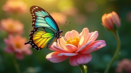 Obraz premium A vibrant butterfly with iridescent wings delicately rests on a soft pink flower, bathed in the warm glow of sunrise, amidst a tranquil garden