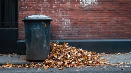 Obraz premium An urban street corner with a weathered trash bin and a pile of dry leaves swept against it.