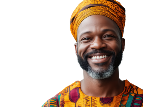 A Joyful Adult Man in Vibrant Traditional African Attire Exudes Happiness, Celebrating Cultural Richness with His Colorful Garments and Warm Smile.