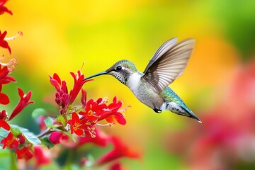 Fototapeta premium Hummingbird in flight feeding on red flowers.