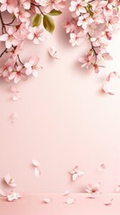 Pink Cherry Blossom Branches and Petals on a Pink Background