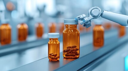 Robotic Arm Filling Transparent Pharmaceutical Bottles on Production Line in Modern Factory Environment