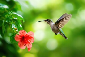 Fototapeta premium Hummingbird in flight near a red flower.