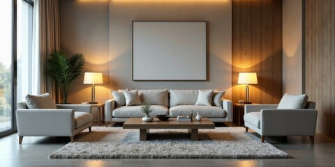 Serene Living Room Interior Design with Modern Sofa and Accent Chairs, Illuminated by Warm Lighting and Featuring a Large Blank Canvas for Art