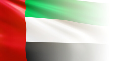Realistic UAE flag. Wavy national flag of the United Arab Emirates with blurred edge isolated on white background. Country symbol for celebrating patriotic holidays. 3d vector illustration