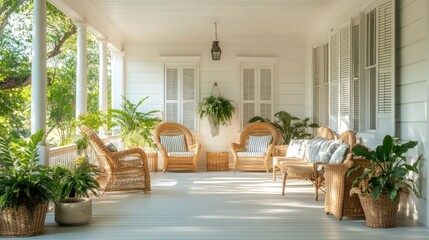 Sunny, white porch with wicker furniture and plants