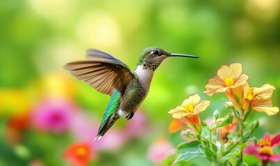 Fototapeta premium Hummingbird in flight near colorful flowers.