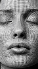 Abstract portrait of a serene woman with closed eyes, featuring a grid pattern overlay