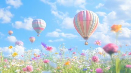 Fototapeta premium A vibrant hot air balloon festival at sunrise, with colorful balloons floating above a scenic landscape.