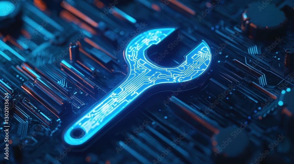 Poster futuristic digital wrench symbol on circuit board with neon glow and modern high-tech design element