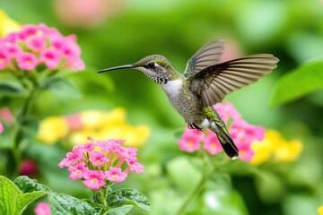 Fototapeta premium Hummingbird in flight near colorful flowers.