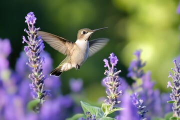 Naklejka premium Hummingbird in flight near lavender.