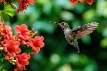 Obraz premium Hummingbird in flight near orange flowers.