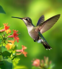 Naklejka premium Hummingbird in flight near orange flowers.