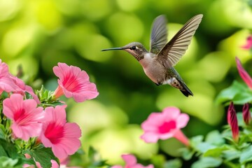 Naklejka premium Hummingbird in flight near pink flowers. (1)