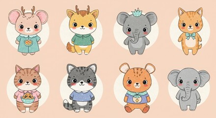 "Charming hand-drawn animal illustrations, cute expressions, soft pastel colors"
