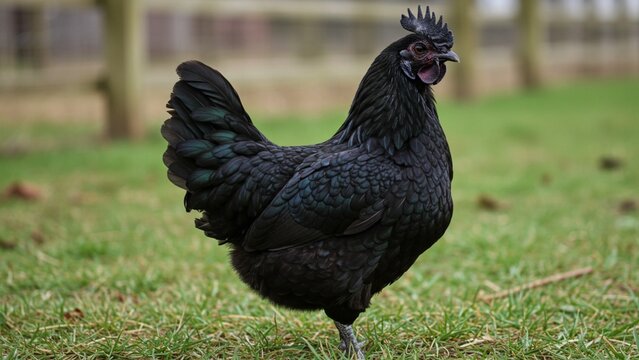 A stunning close-up image of the Ayam Cemani chicken, a rare and exotic breed known for its striking all-black appearance