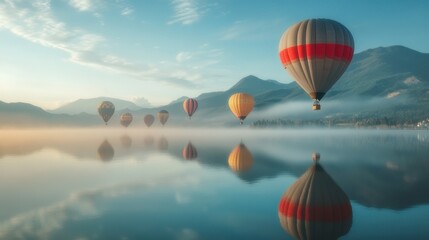 A vibrant hot air balloon festival at sunrise, with colorful balloons floating above a scenic landscape.