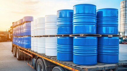 Colorful Blue and White Drums Stacked on a Pallet with Sunset Background at an Industrial Site