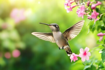 Hummingbird in flight near pink flowers. (3)