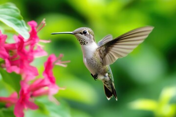 Naklejka premium Hummingbird in flight near pink flowers. (5)