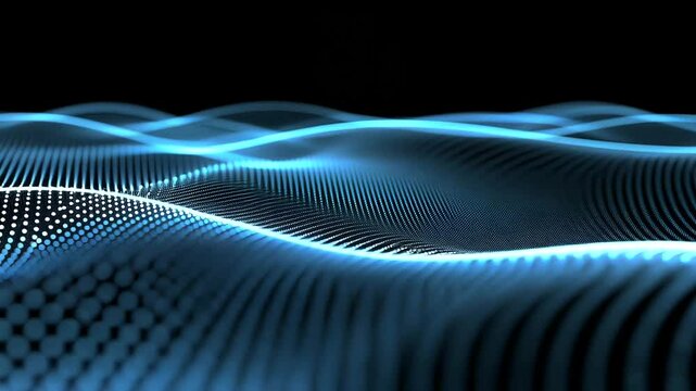 Abstract waves of blue light undulating against a black background, creating a digital atmosphere
