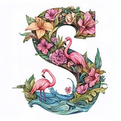 Stunning Letter S Embodying Summer Dreams, This Artistic Letter S is Wrapped in Pink Flamingos, Exotic Flowers, and Gentle Sea Waves, Creating a Charming Summer Letter S Design