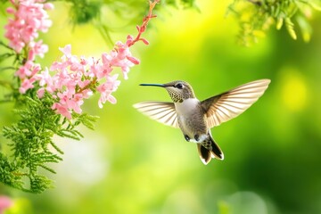 Fototapeta premium Hummingbird in flight near pink flowers. (8)