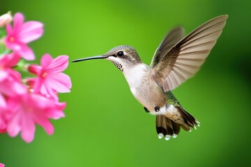 Naklejka premium Hummingbird in flight near pink flowers. (10)
