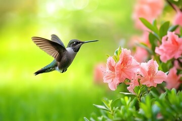 Fototapeta premium Hummingbird in flight near pink flowers.