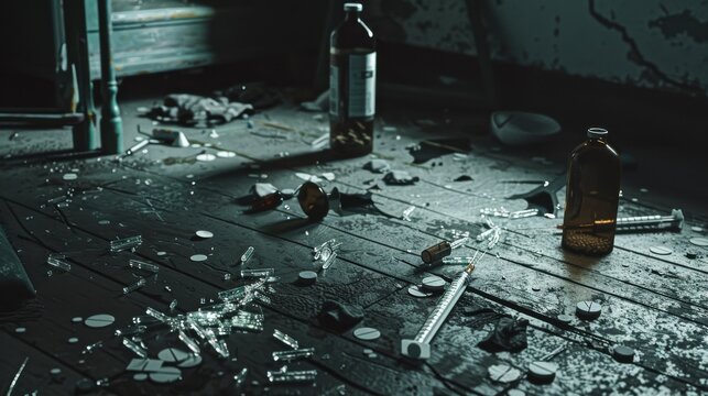Dimly lit room with scattered drug paraphernalia broken syringe shattered glass raw despair shadows moody lighting detailed cartoon watermark.