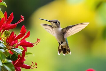Fototapeta premium Hummingbird in flight near red flowers. (2)