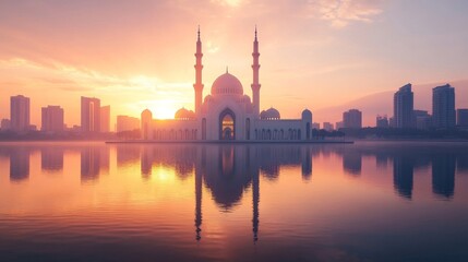 Naklejka premium Sunrise Mosque Reflection Cityscape Scenic Beauty