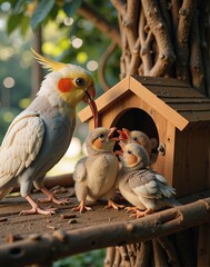 A cockatoo feeding her chirping chicks in a nest box with their tiny beaks wide open in excitement.