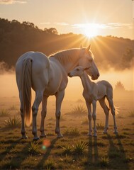 Fototapeta premium A horse caressing her foal in a misty morning field