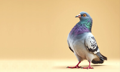 Obraz premium Funny Pigeon Dancing on Beige Background, Hilarious Bird Dance Move with Copyspace