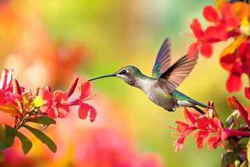 Fototapeta premium Hummingbird in flight near red flowers.