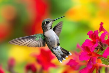 Fototapeta premium Hummingbird in flight near vibrant flowers.