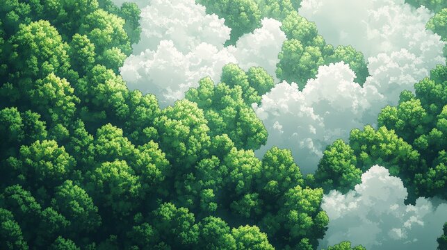 Dense green forest exudes tranquility as white, fluffy clouds drift above. Trees form intricate layers, enhancing depth and inviting serenity - Powered by Adobe