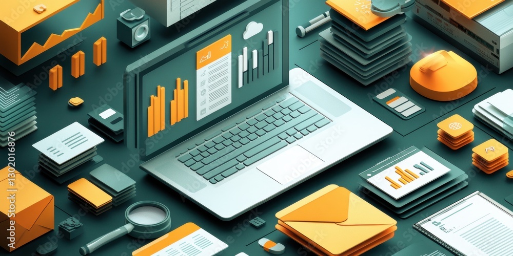 Poster dynamic workspace arrangement featuring data analysis tools, charts, and design elements